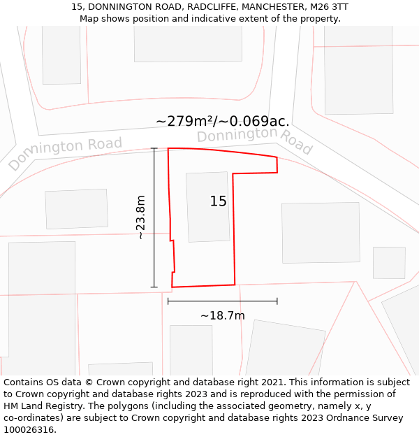 15, DONNINGTON ROAD, RADCLIFFE, MANCHESTER, M26 3TT: Plot and title map