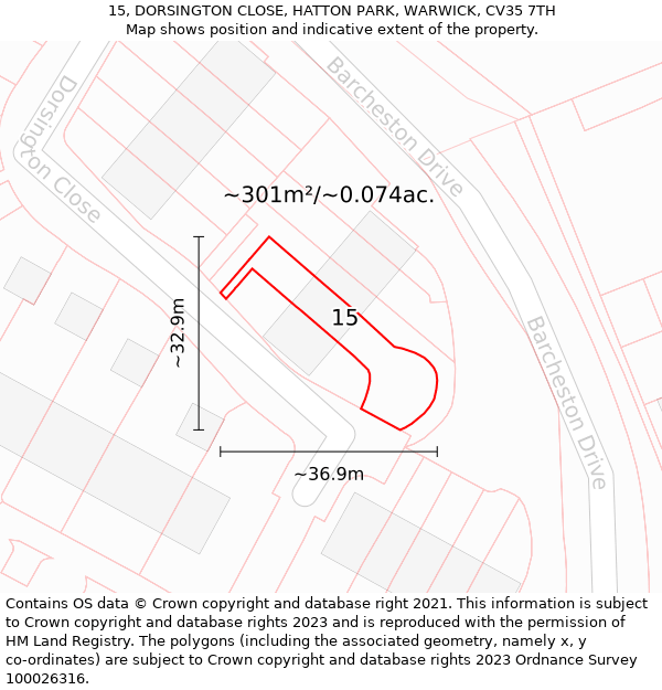 15, DORSINGTON CLOSE, HATTON PARK, WARWICK, CV35 7TH: Plot and title map