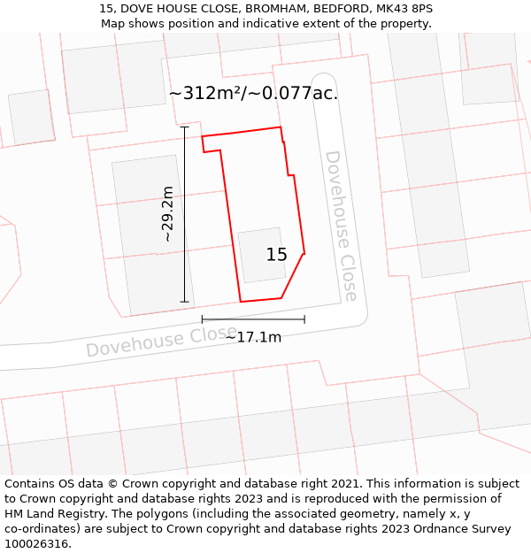 15, DOVE HOUSE CLOSE, BROMHAM, BEDFORD, MK43 8PS: Plot and title map