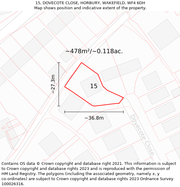 15, DOVECOTE CLOSE, HORBURY, WAKEFIELD, WF4 6DH: Plot and title map