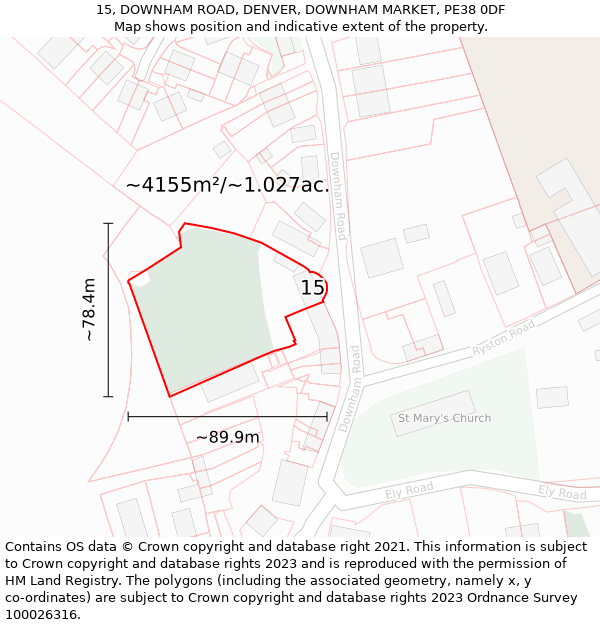 15, DOWNHAM ROAD, DENVER, DOWNHAM MARKET, PE38 0DF: Plot and title map