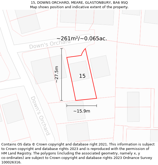 15, DOWNS ORCHARD, MEARE, GLASTONBURY, BA6 9SQ: Plot and title map