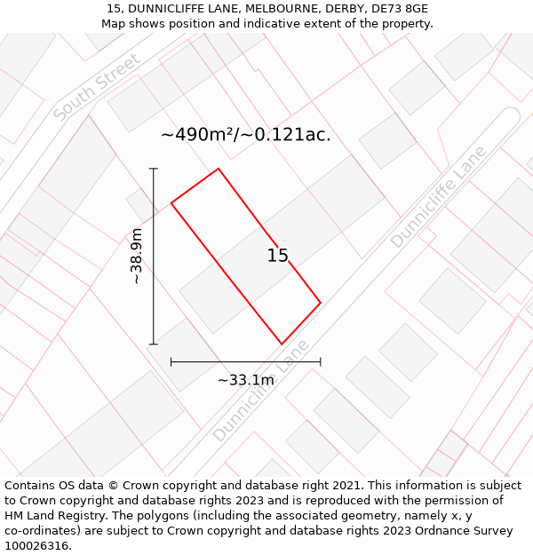 15, DUNNICLIFFE LANE, MELBOURNE, DERBY, DE73 8GE: Plot and title map