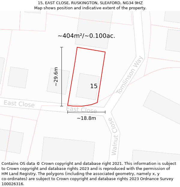 15, EAST CLOSE, RUSKINGTON, SLEAFORD, NG34 9HZ: Plot and title map