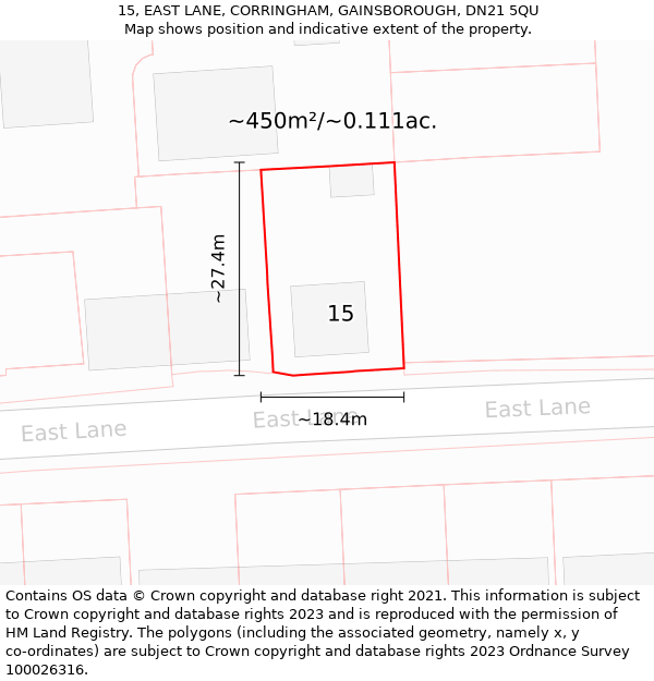 15, EAST LANE, CORRINGHAM, GAINSBOROUGH, DN21 5QU: Plot and title map