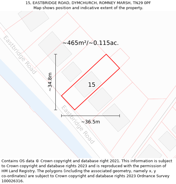 15, EASTBRIDGE ROAD, DYMCHURCH, ROMNEY MARSH, TN29 0PF: Plot and title map