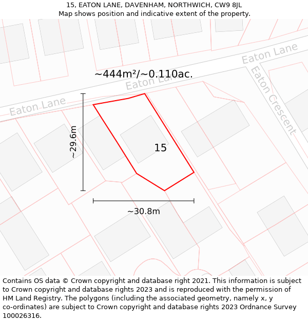 15, EATON LANE, DAVENHAM, NORTHWICH, CW9 8JL: Plot and title map