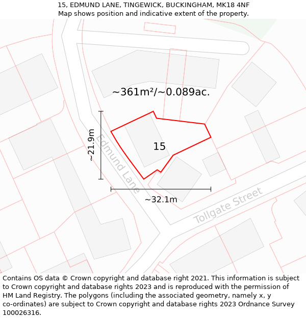 15, EDMUND LANE, TINGEWICK, BUCKINGHAM, MK18 4NF: Plot and title map