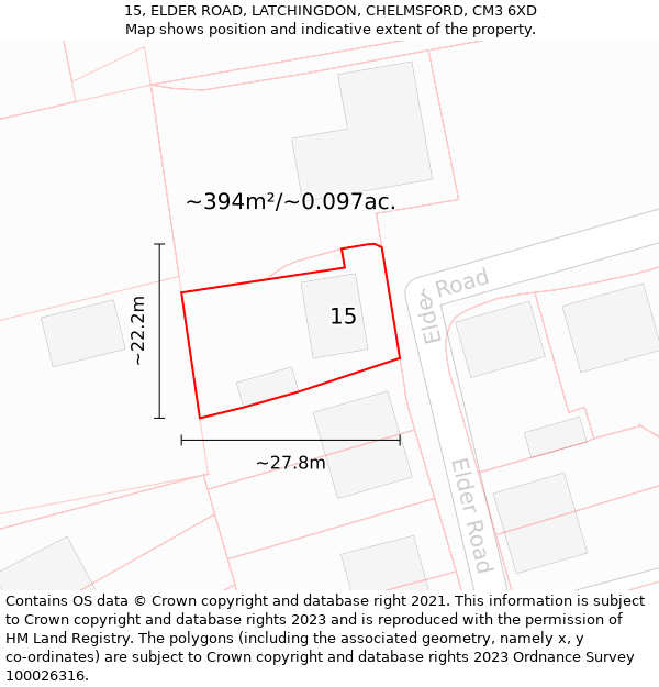 15, ELDER ROAD, LATCHINGDON, CHELMSFORD, CM3 6XD: Plot and title map