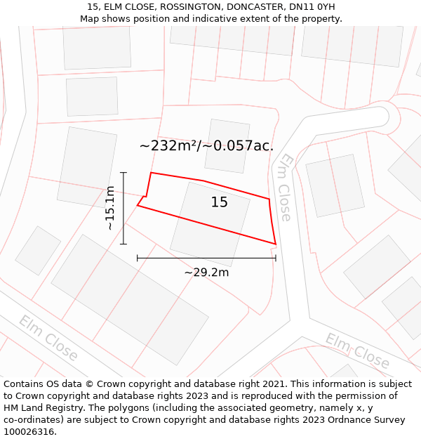 15, ELM CLOSE, ROSSINGTON, DONCASTER, DN11 0YH: Plot and title map