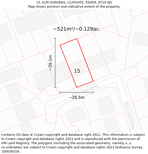 15, ELM GARDENS, CLAYGATE, ESHER, KT10 0JS: Plot and title map