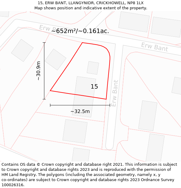 15, ERW BANT, LLANGYNIDR, CRICKHOWELL, NP8 1LX: Plot and title map