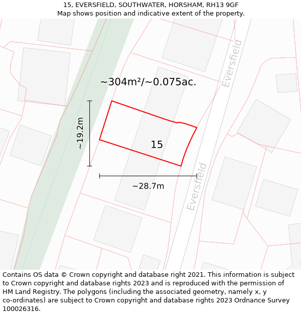 15, EVERSFIELD, SOUTHWATER, HORSHAM, RH13 9GF: Plot and title map