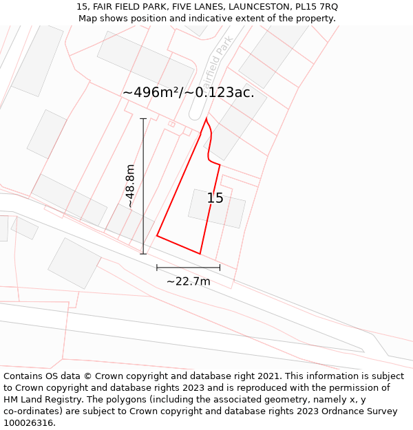 15, FAIR FIELD PARK, FIVE LANES, LAUNCESTON, PL15 7RQ: Plot and title map