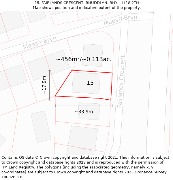 15, FAIRLANDS CRESCENT, RHUDDLAN, RHYL, LL18 2TH: Plot and title map