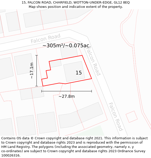 15, FALCON ROAD, CHARFIELD, WOTTON-UNDER-EDGE, GL12 8EQ: Plot and title map