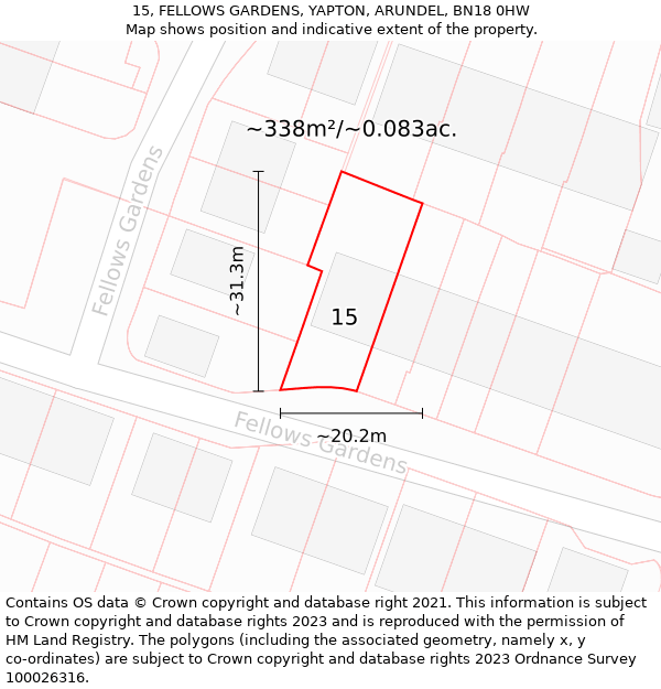 15, FELLOWS GARDENS, YAPTON, ARUNDEL, BN18 0HW: Plot and title map