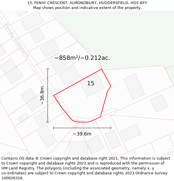 15, FENAY CRESCENT, ALMONDBURY, HUDDERSFIELD, HD5 8XY: Plot and title map