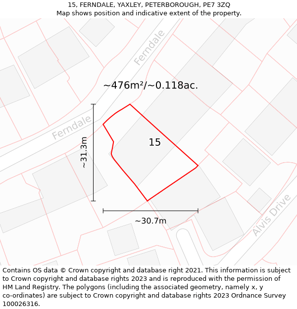 15, FERNDALE, YAXLEY, PETERBOROUGH, PE7 3ZQ: Plot and title map