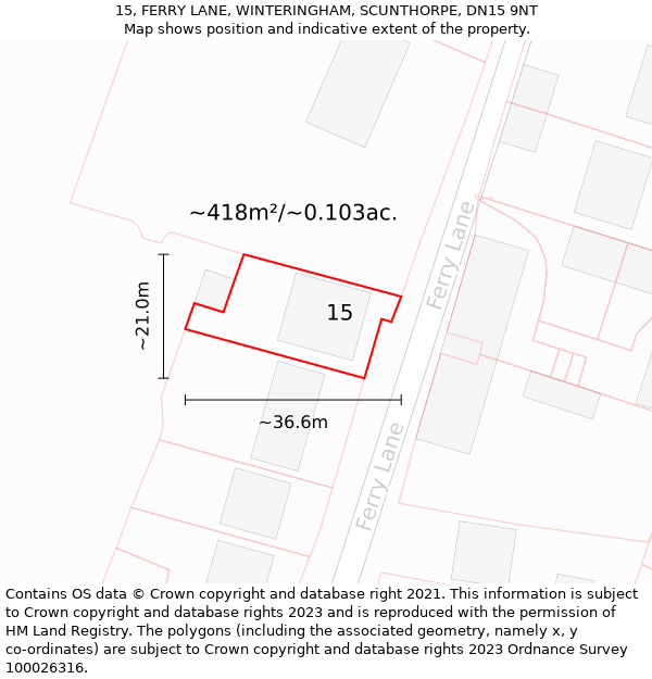 15, FERRY LANE, WINTERINGHAM, SCUNTHORPE, DN15 9NT: Plot and title map