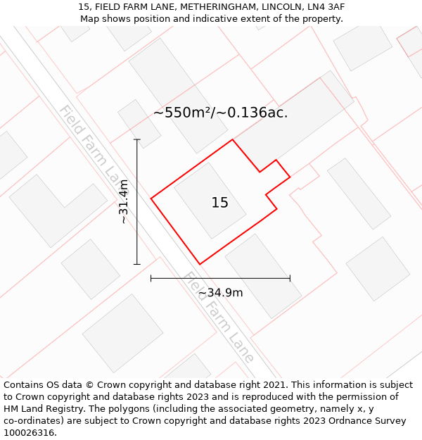 15, FIELD FARM LANE, METHERINGHAM, LINCOLN, LN4 3AF: Plot and title map