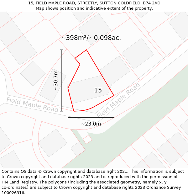 15, FIELD MAPLE ROAD, STREETLY, SUTTON COLDFIELD, B74 2AD: Plot and title map