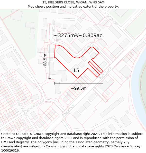 15, FIELDERS CLOSE, WIGAN, WN3 5AX: Plot and title map