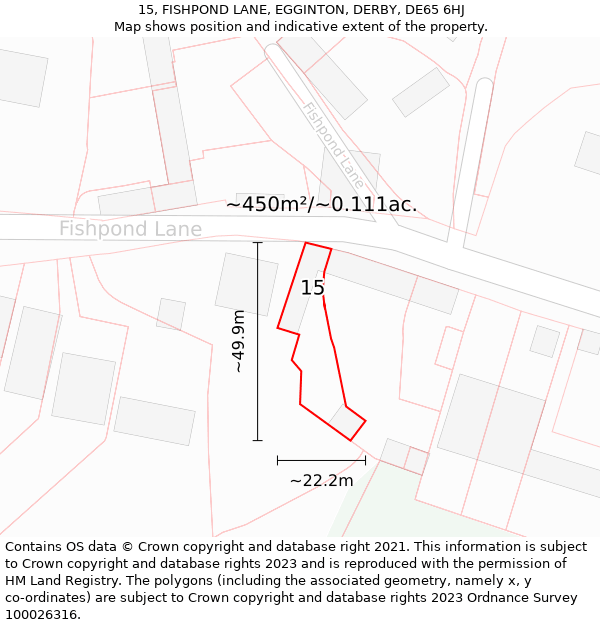 15, FISHPOND LANE, EGGINTON, DERBY, DE65 6HJ: Plot and title map