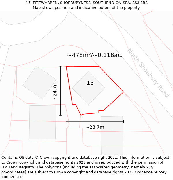 15, FITZWARREN, SHOEBURYNESS, SOUTHEND-ON-SEA, SS3 8BS: Plot and title map