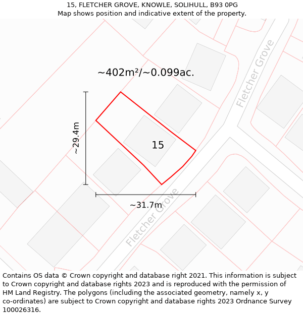 15, FLETCHER GROVE, KNOWLE, SOLIHULL, B93 0PG: Plot and title map