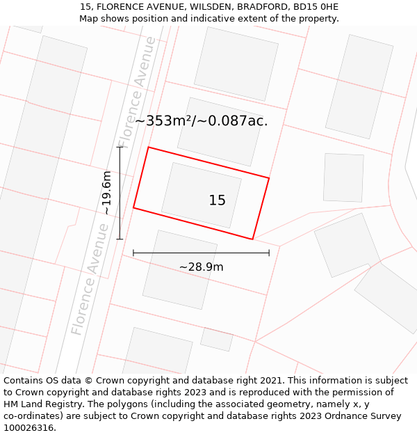 15, FLORENCE AVENUE, WILSDEN, BRADFORD, BD15 0HE: Plot and title map