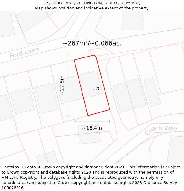 15, FORD LANE, WILLINGTON, DERBY, DE65 6DQ: Plot and title map