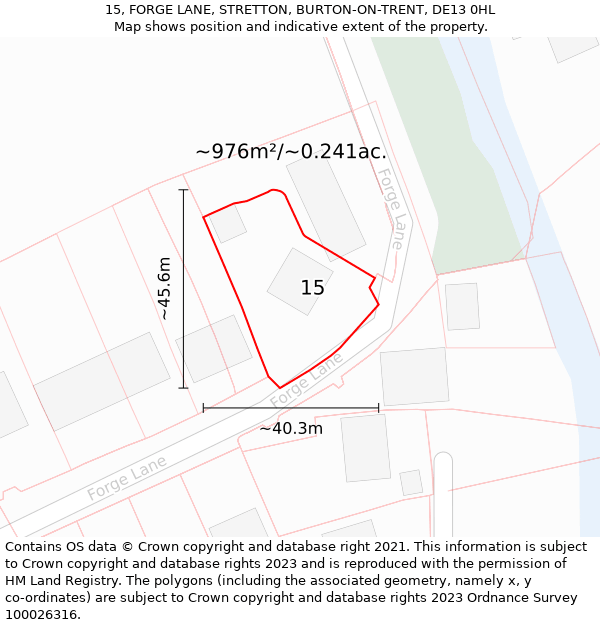 15, FORGE LANE, STRETTON, BURTON-ON-TRENT, DE13 0HL: Plot and title map