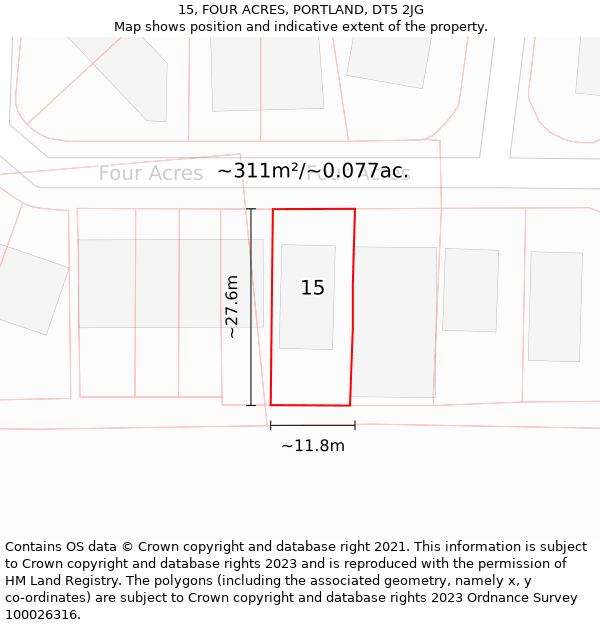 15, FOUR ACRES, PORTLAND, DT5 2JG: Plot and title map