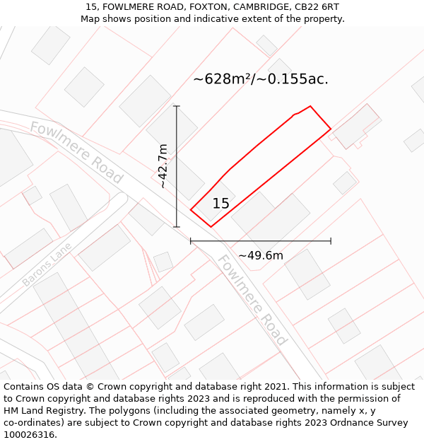 15, FOWLMERE ROAD, FOXTON, CAMBRIDGE, CB22 6RT: Plot and title map