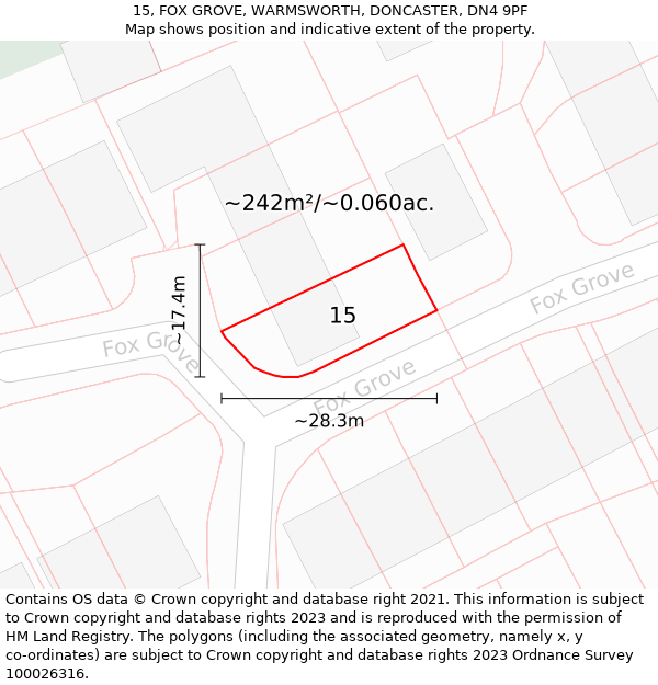 15, FOX GROVE, WARMSWORTH, DONCASTER, DN4 9PF: Plot and title map