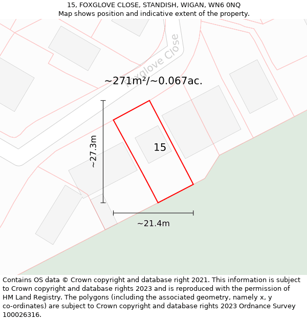 15, FOXGLOVE CLOSE, STANDISH, WIGAN, WN6 0NQ: Plot and title map