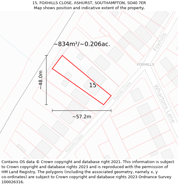 15, FOXHILLS CLOSE, ASHURST, SOUTHAMPTON, SO40 7ER: Plot and title map