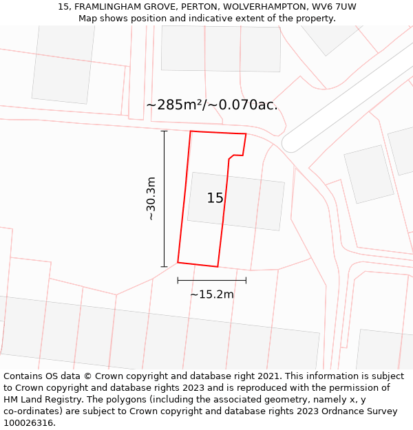 15, FRAMLINGHAM GROVE, PERTON, WOLVERHAMPTON, WV6 7UW: Plot and title map