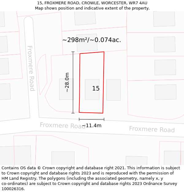 15, FROXMERE ROAD, CROWLE, WORCESTER, WR7 4AU: Plot and title map