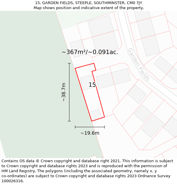 15, GARDEN FIELDS, STEEPLE, SOUTHMINSTER, CM0 7JY: Plot and title map