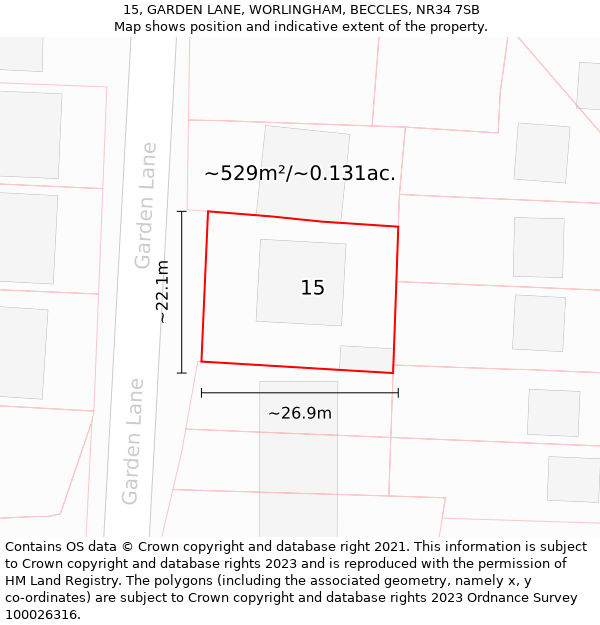 15, GARDEN LANE, WORLINGHAM, BECCLES, NR34 7SB: Plot and title map