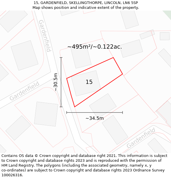 15, GARDENFIELD, SKELLINGTHORPE, LINCOLN, LN6 5SP: Plot and title map