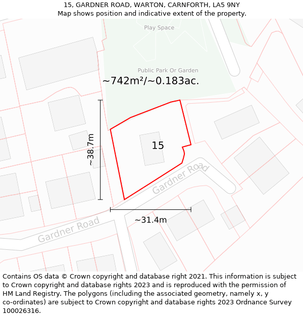 15, GARDNER ROAD, WARTON, CARNFORTH, LA5 9NY: Plot and title map