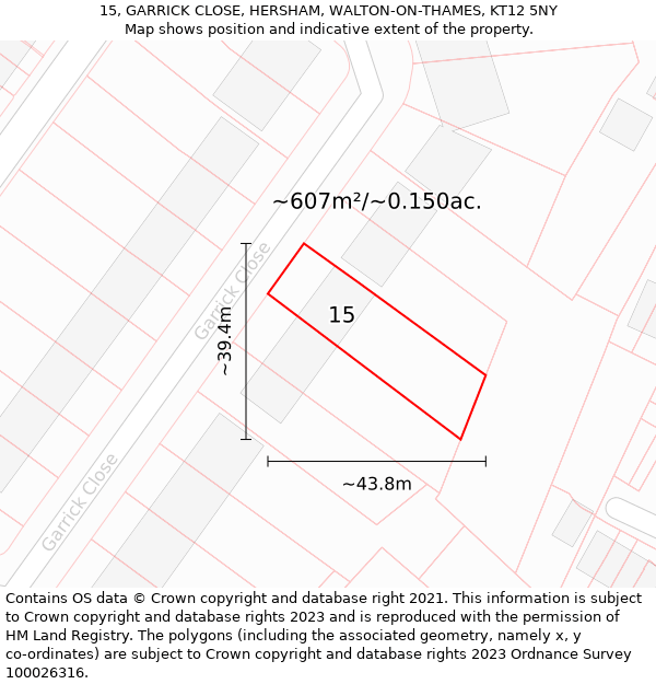 15, GARRICK CLOSE, HERSHAM, WALTON-ON-THAMES, KT12 5NY: Plot and title map