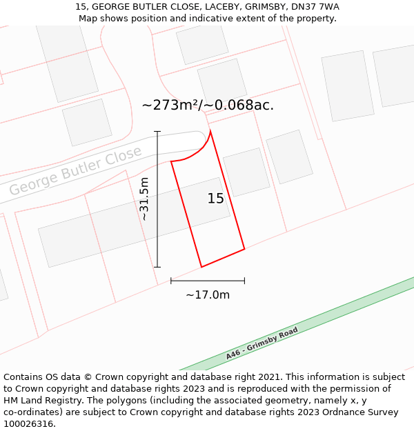 15, GEORGE BUTLER CLOSE, LACEBY, GRIMSBY, DN37 7WA: Plot and title map