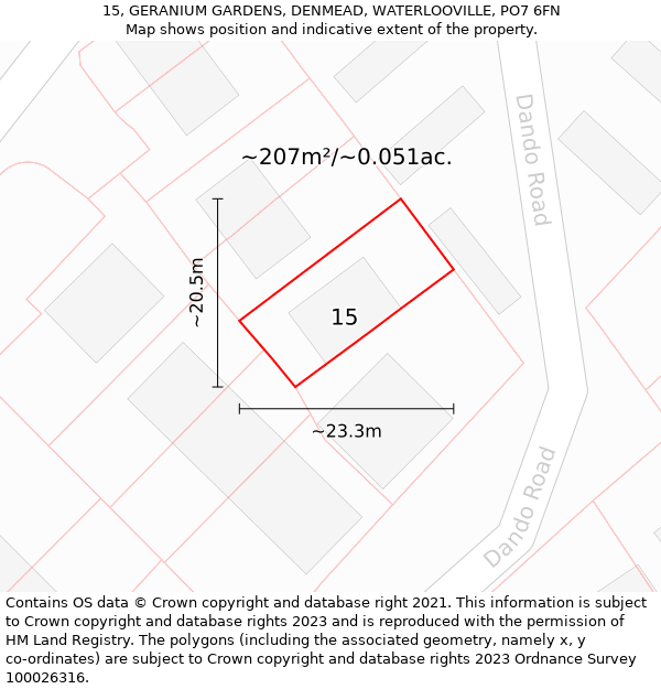 15, GERANIUM GARDENS, DENMEAD, WATERLOOVILLE, PO7 6FN: Plot and title map