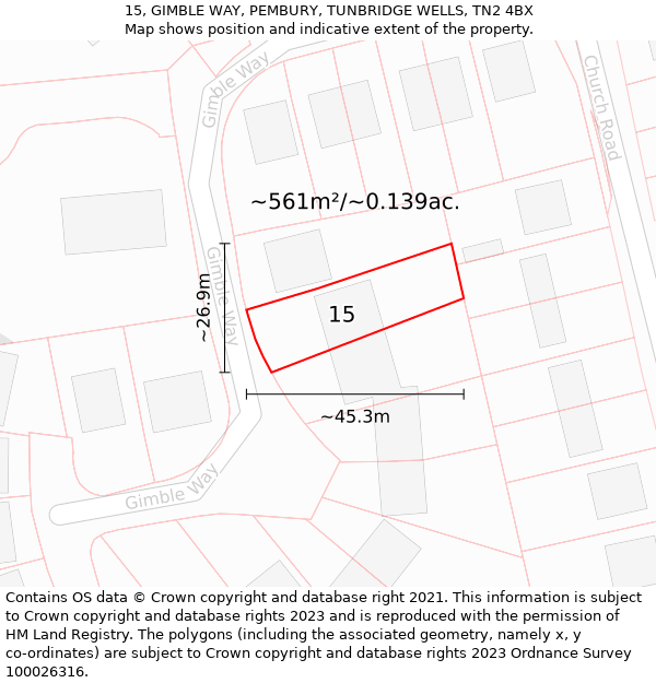 15, GIMBLE WAY, PEMBURY, TUNBRIDGE WELLS, TN2 4BX: Plot and title map