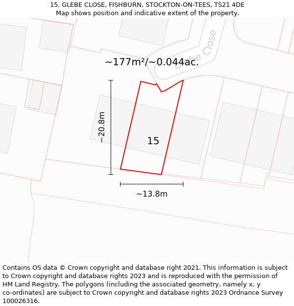 15, GLEBE CLOSE, FISHBURN, STOCKTON-ON-TEES, TS21 4DE: Plot and title map