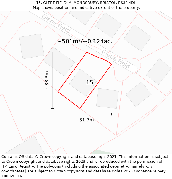 15, GLEBE FIELD, ALMONDSBURY, BRISTOL, BS32 4DL: Plot and title map